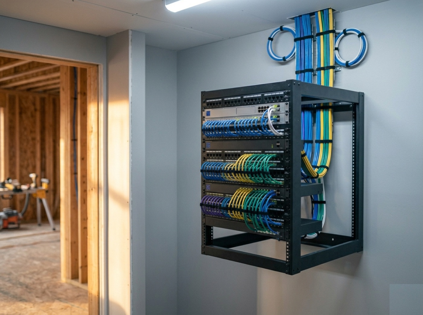 Wall-mounted network rack with immaculate color-coded cable management on a custom-home jobsite by AES Integration