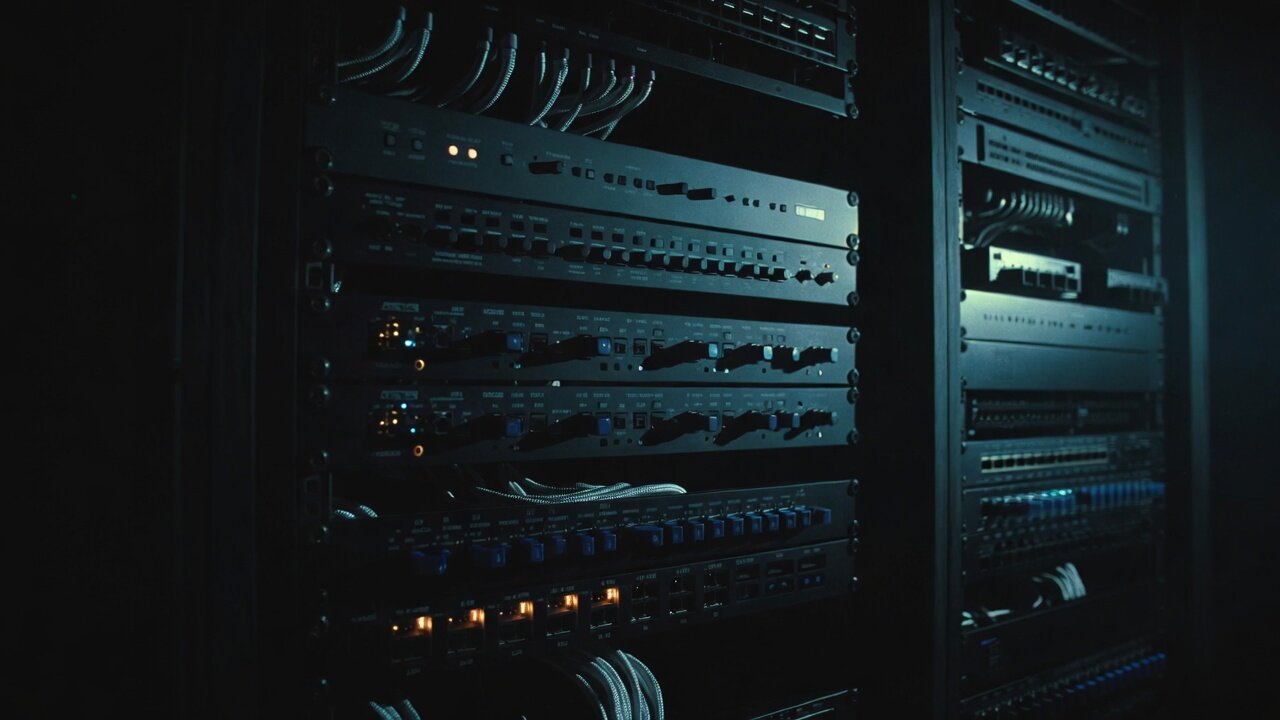 Close-up of a professional AES Integration network and AV equipment rack with softly glowing indicator lights