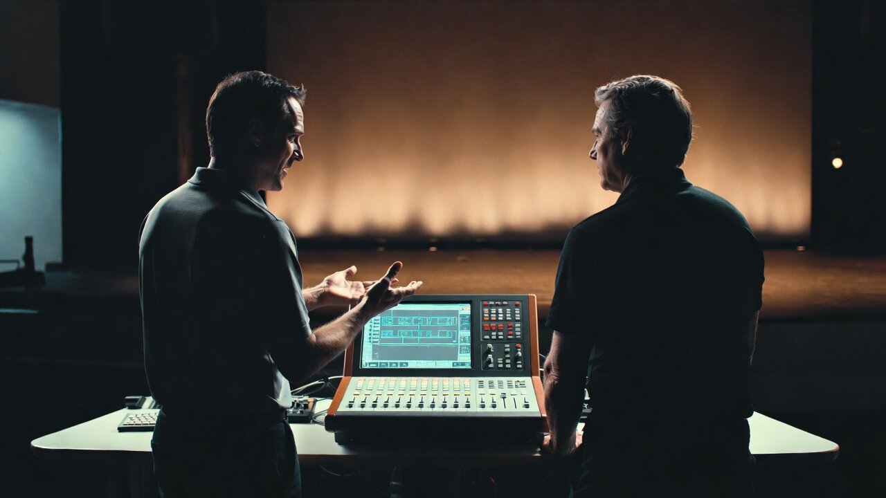 AES Integration technician teaching a church volunteer how to run a digital audio mixing console at the back of a modern sanctuary, both standing at the desk with a warmly lit stage behind them — hands-on volunteer training included with every church project