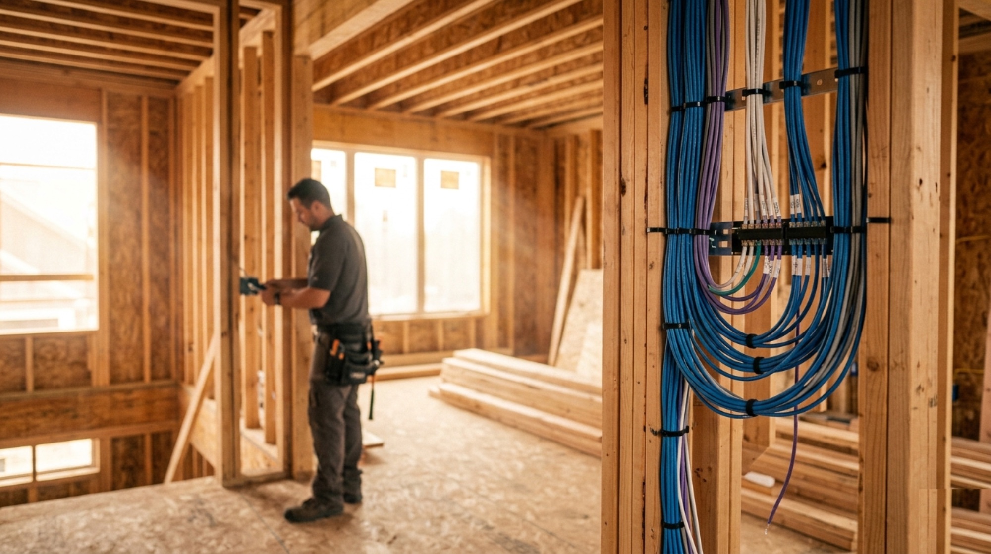 Low-voltage technician routing clean, organized color-coded structured cabling during the rough-in stage of a custom home build