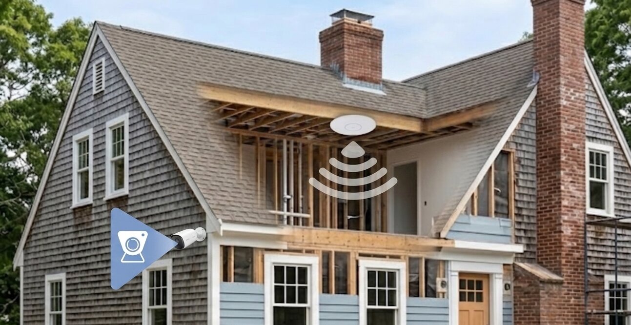AES Integration low-voltage prewire on a Cape Cod shingle-style custom home under construction — rough-in for wireless access point and exterior security camera coordinated with the builder's framing schedule