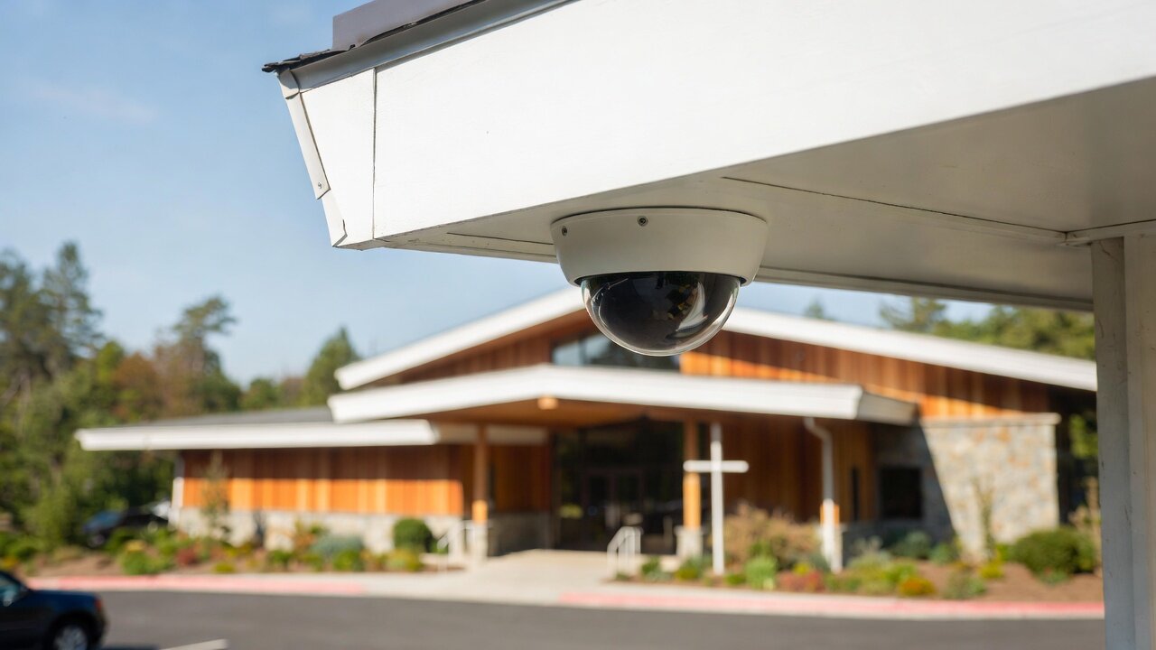 Modern white dome security camera mounted under the eave of a contemporary Cape Cod church, overlooking the parking lot and main entrance — a church campus security camera system by AES Integration