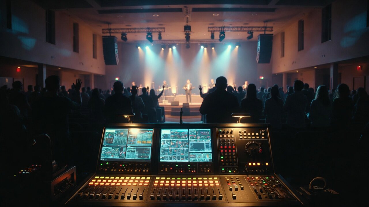 Digital audio mixing console with glowing faders at the back of a modern Cape Cod church during worship, with the congregation's hands raised toward a stage lit in warm and blue light and line-array speakers flanking the stage — a new sanctuary sound system by AES Integration