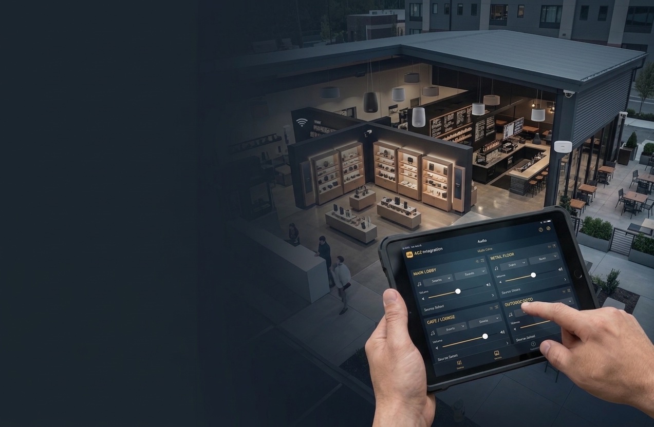 AES Integration smart commercial space on Cape Cod — a retail showroom and café controlled from a single tablet app managing audio zones, displays, network and security