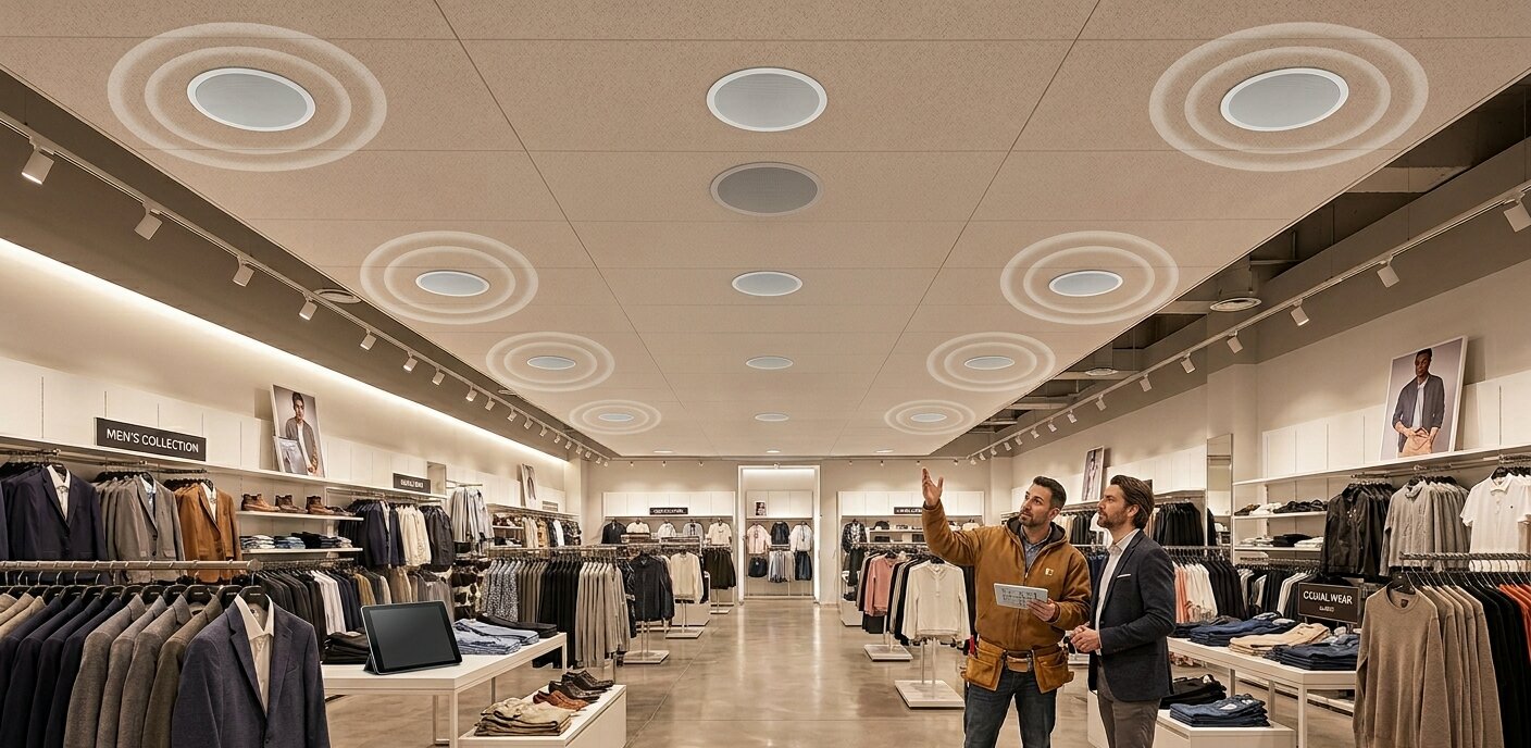 AES Integration commercial audio install — distributed in-ceiling sound system for a storefront, café and office space on Cape Cod, designed for clear background music and paging