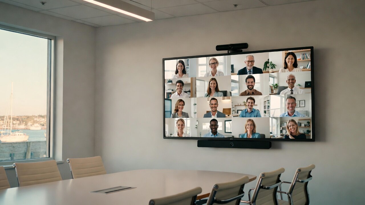 Modern corporate conference room in a Cape Cod office during a video call, with a large wall display showing a grid of colleagues, a video-bar camera and soundbar, a conference table, and a harbor view through the window — a conference room AV system by AES Integration