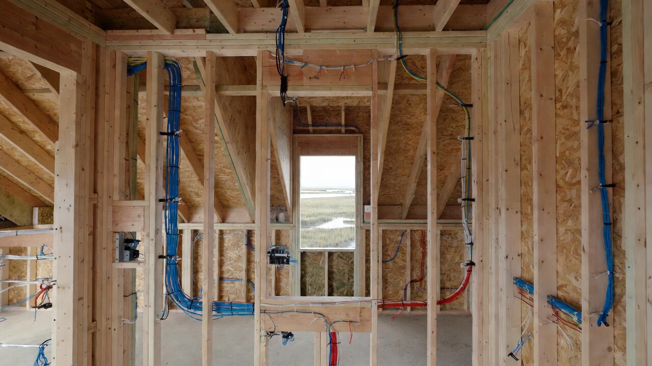 Interior of a custom Cape Cod home under construction at the low-voltage rough-in stage, with neat color-coded structured cabling running along the wood framing and a salt-marsh view through the window opening — clean prewire by AES Integration