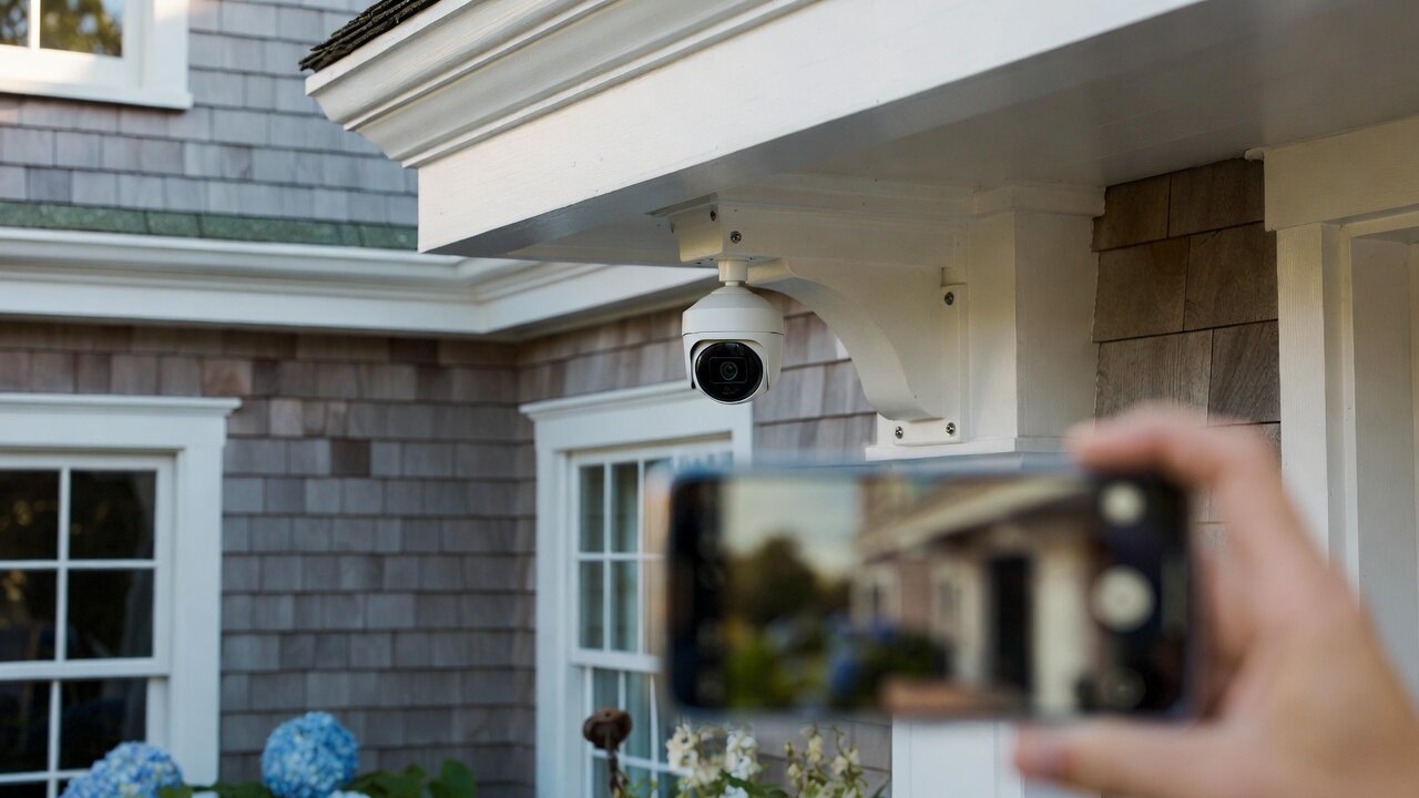 Discreet white dome security camera mounted under the eave of a Cape Cod cedar-shingle home with blue hydrangeas, and a hand holding a phone showing the live camera view — a home security camera system by AES Integration