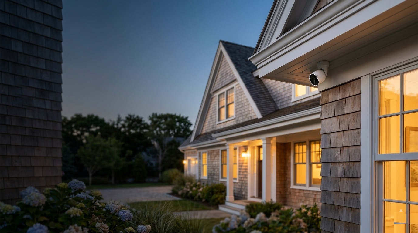 Discreet white 4K security camera mounted under the eave of an upscale Cape Cod shingle home at dusk, warm window light glowing