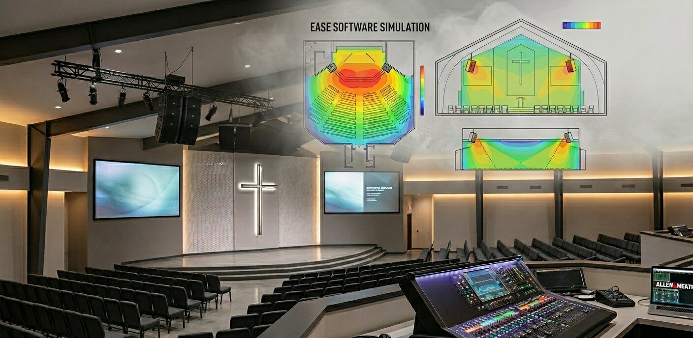 AES Integration church sound system design — line array loudspeakers above a modern sanctuary with overlaid EASE acoustic simulation heatmaps and an Allen & Heath mixing console at front of house
