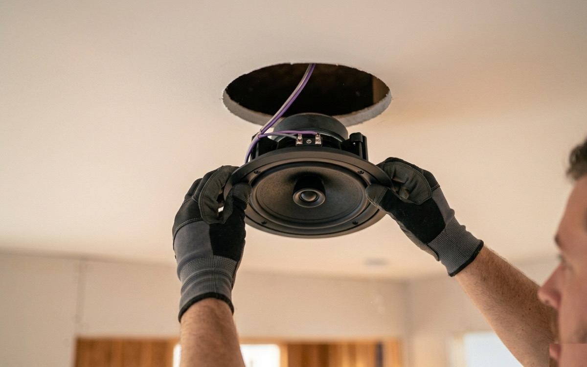 Installer fitting a flush in-ceiling speaker into a finished ceiling during a whole-home audio installation
