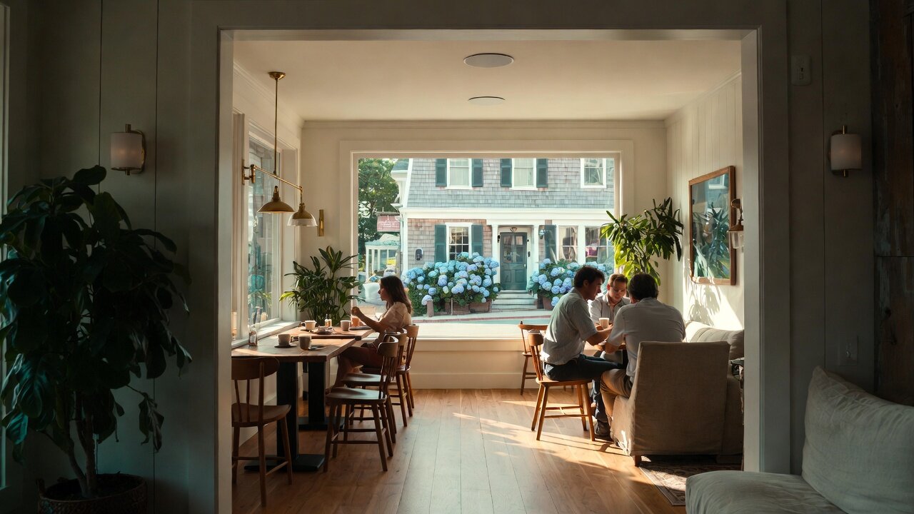 Inviting coastal café interior in Cape Cod, Massachusetts with customers enjoying coffee and discreet architectural in-ceiling speakers overhead, a classic shingle-style house with blue hydrangeas framed in the window — the kind of tasteful background-music system AES Integration installs for local businesses