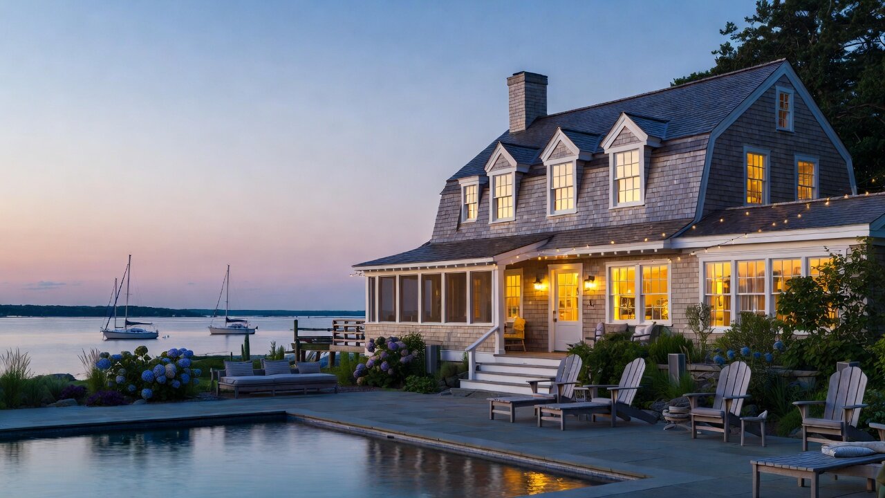 Luxury Cape Cod waterfront shingle-style home at dusk with a bluestone pool patio, Adirondack chairs, and blooming blue hydrangeas overlooking a harbor with moored sailboats — the kind of Massachusetts home AES Integration outfits with whole-home audio, video, and smart control
