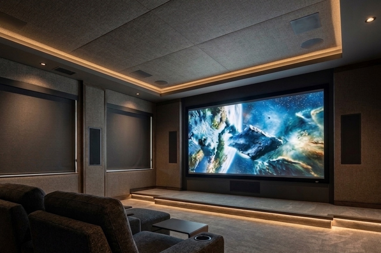 Luxury home theater on Cape Cod installed by AES Integration — large projection screen, tiered lounge seating, in-ceiling surround speakers and warm cove lighting