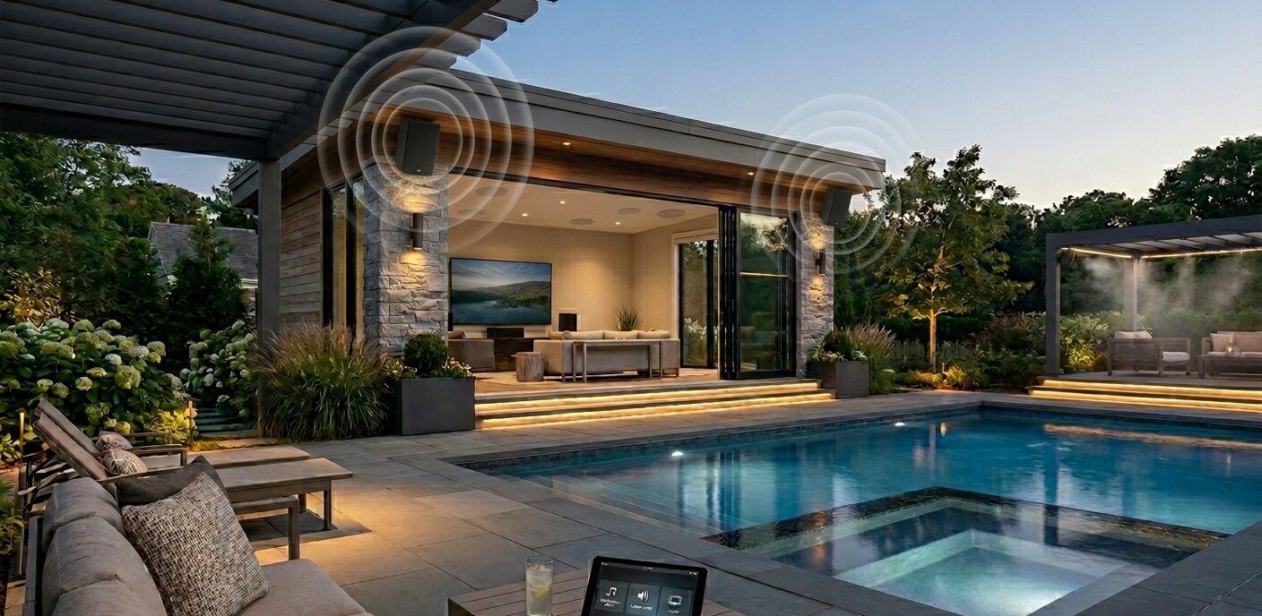 AES Integration residential install — luxury Cape Cod home with whole-house audio, outdoor entertainment area and integrated lighting for a refined living experience