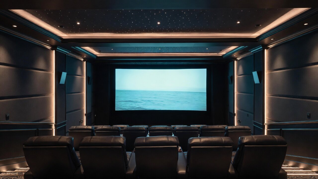 Dark, immersive private home theater in a Massachusetts luxury home with tiered black leather recliners, a large cinema screen showing a calm seascape, a star-field ceiling, and warm LED cove lighting — designed and installed by AES Integration