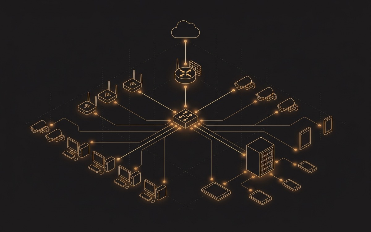 Managed network topology diagram showing internet cloud, firewall router, core switch connecting to access points, IP cameras, computers, server and mobile devices