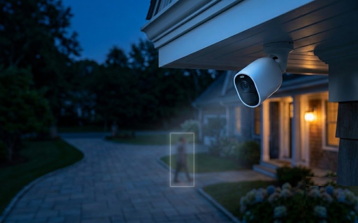 Outdoor security camera at night detecting a person near the front walk, highlighted by an AI motion-detection box