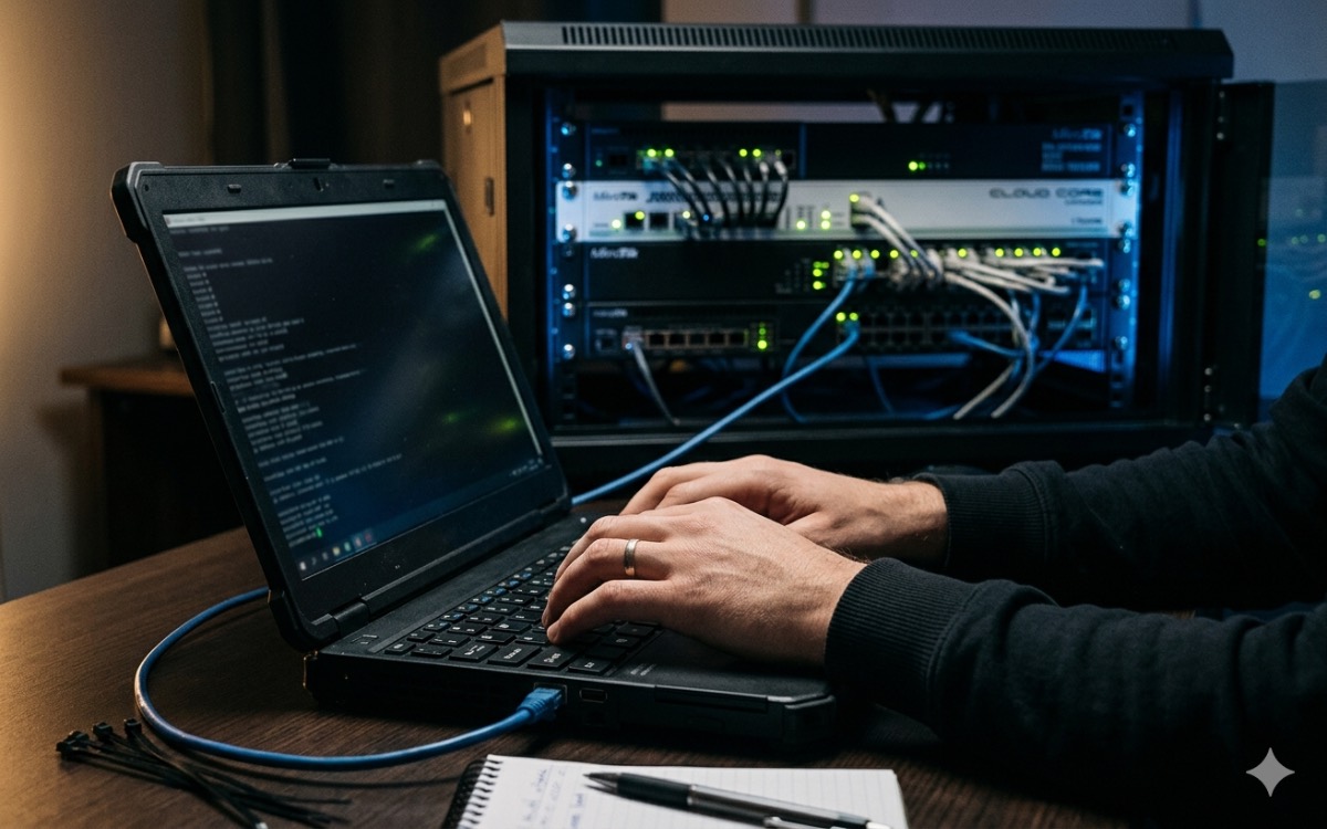 Network technician configuring VLANs on a MikroTik router via laptop console to segment guest, staff and AV traffic