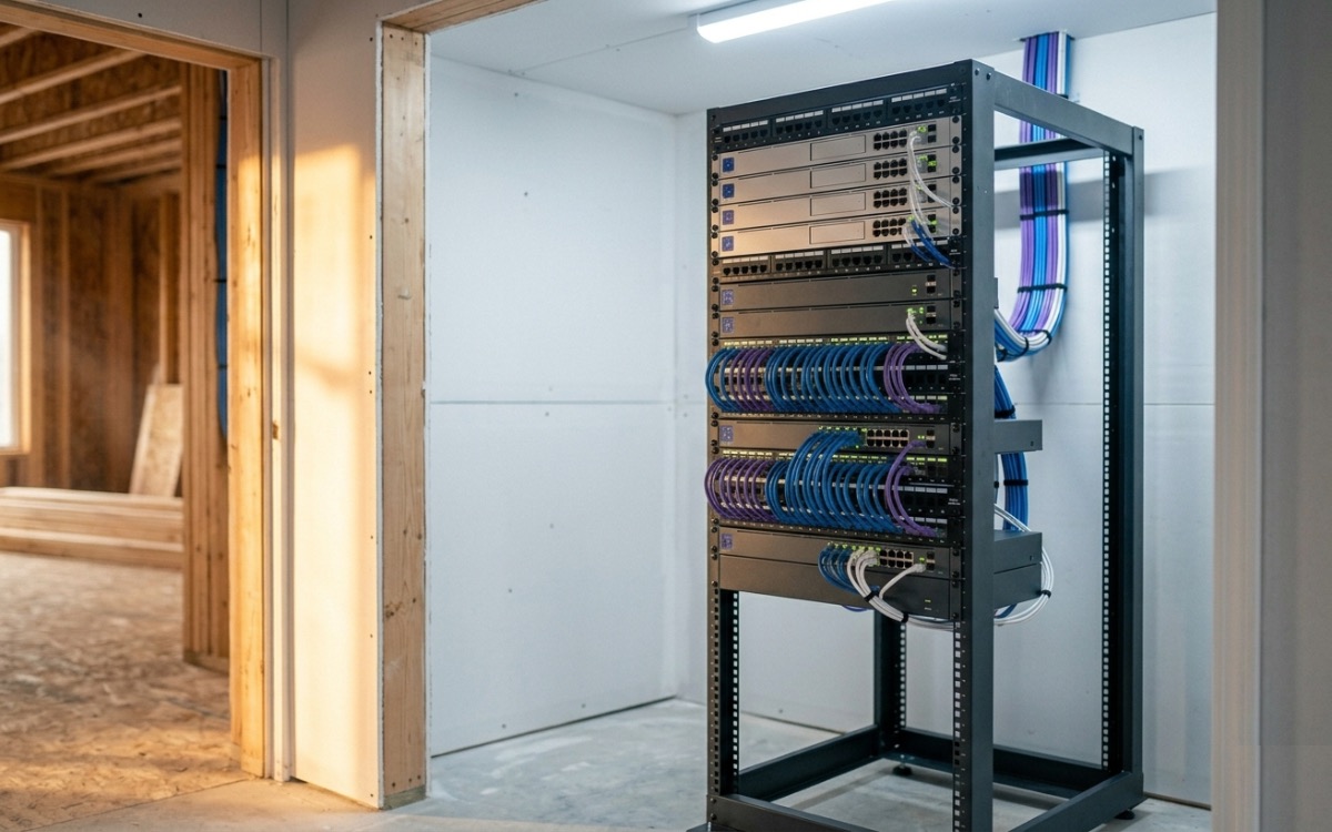 Freshly installed open-frame network rack with managed switches and color-coded patch cabling in a new-construction utility room