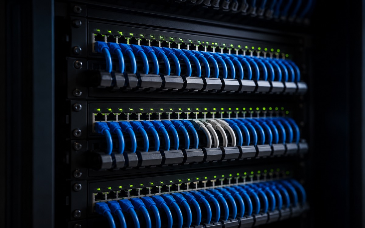Organized network patch panel with neatly dressed blue CAT6 structured cabling and green link LEDs