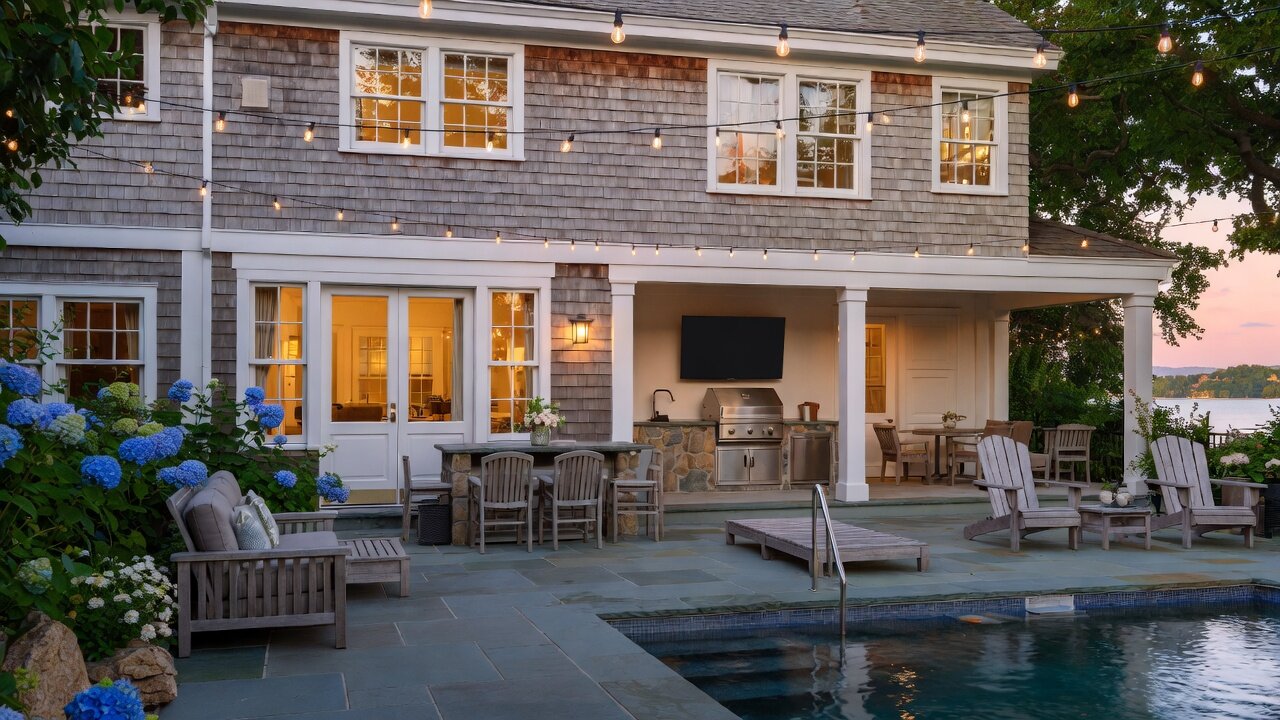 Cape Cod cedar-shingle home at dusk with a bluestone pool patio, an outdoor kitchen and grill under a covered porch with a weatherproof outdoor TV, café string lights, blue hydrangeas, and a water view — an outdoor entertainment installation by AES Integration
