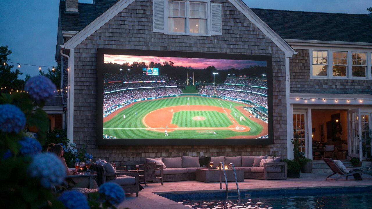 Large outdoor LED video wall mounted on a Cape Cod cedar-shingle home showing a live baseball game, with a poolside lounge, fire pit, string lights, and blue hydrangeas at dusk — an outdoor LED display installed by AES Integration