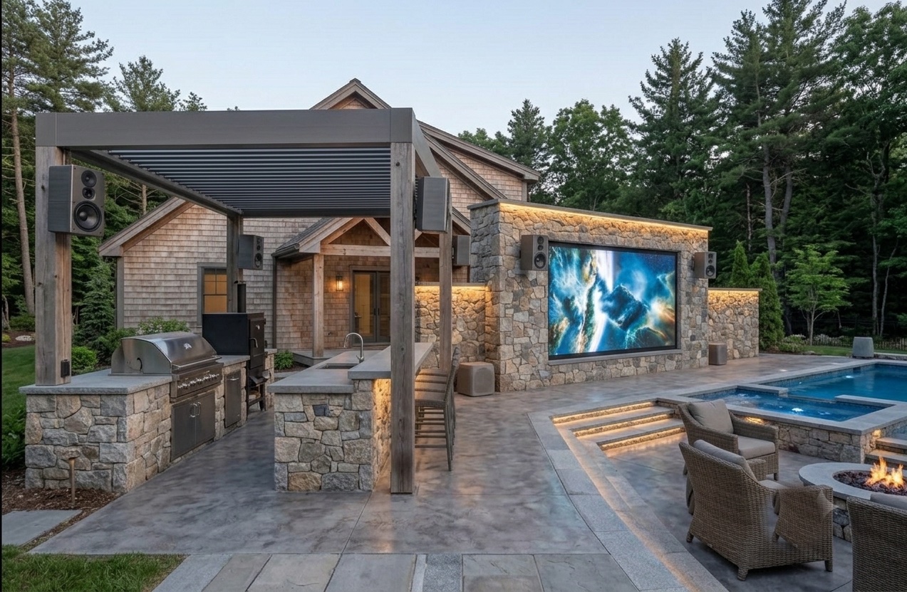 Outdoor entertainment patio on Cape Cod by AES Integration — weatherproof outdoor video screen and tower speakers by a stone outdoor kitchen, pool and fire pit