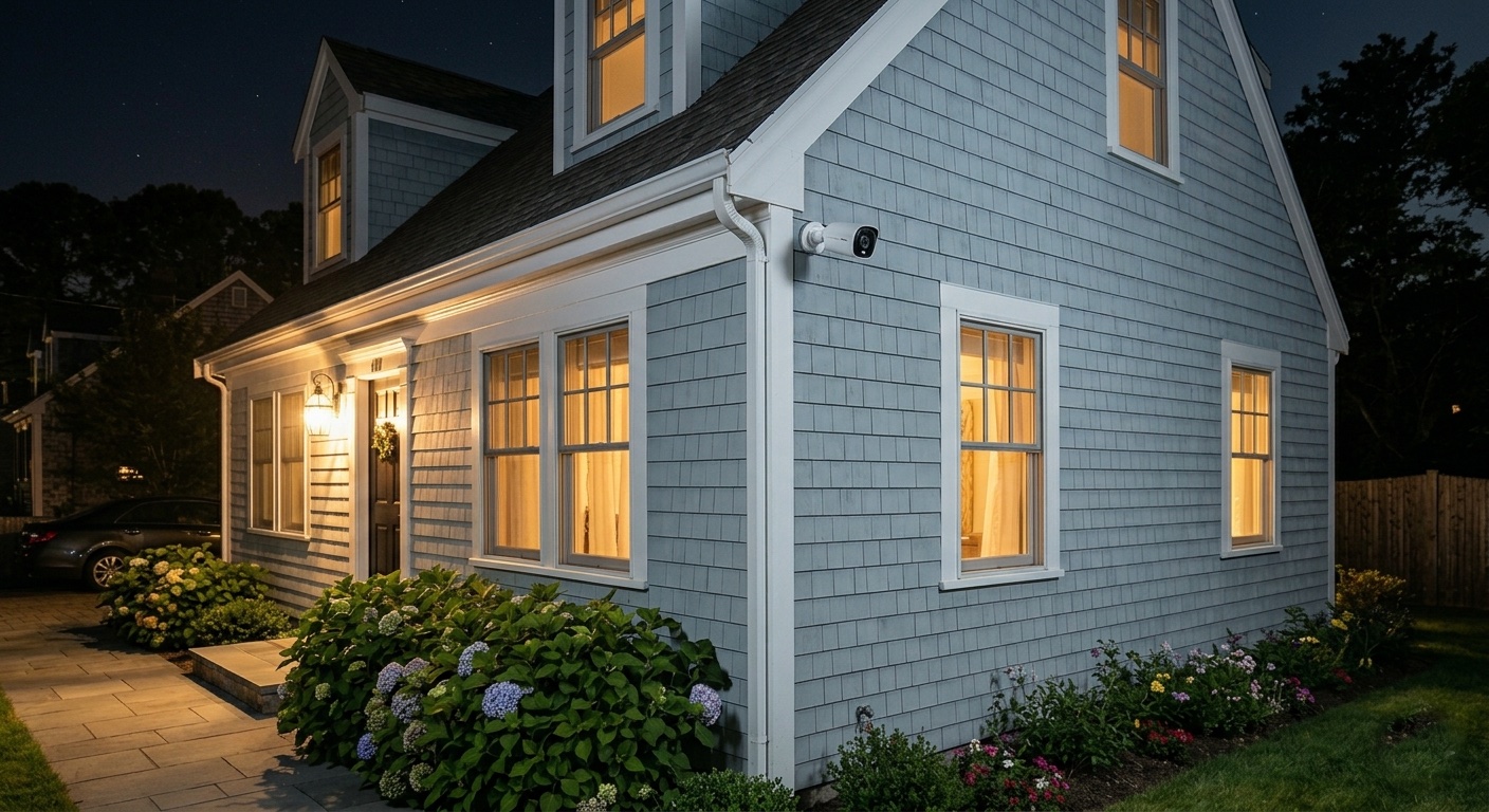 Discreet outdoor security camera installed by AES Integration on a shingled Cape Cod home at dusk, watching over the entry, driveway and garden with warm lit windows