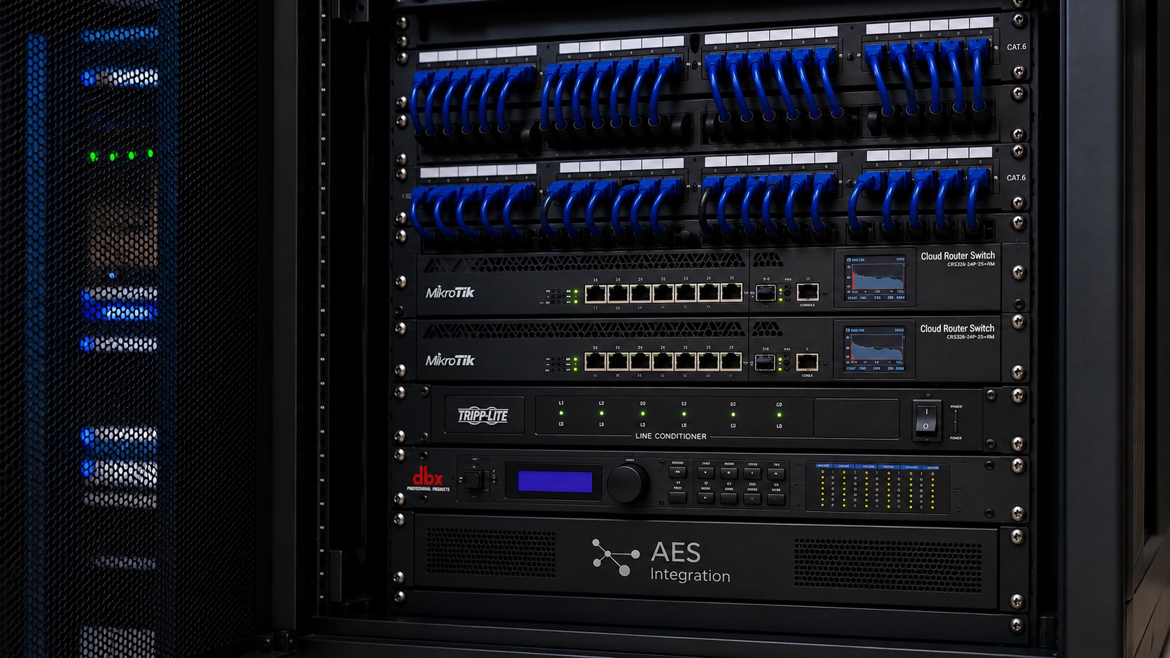 Professional network rack with organized CAT6 structured cabling, MikroTik switches and AES Integration equipment
