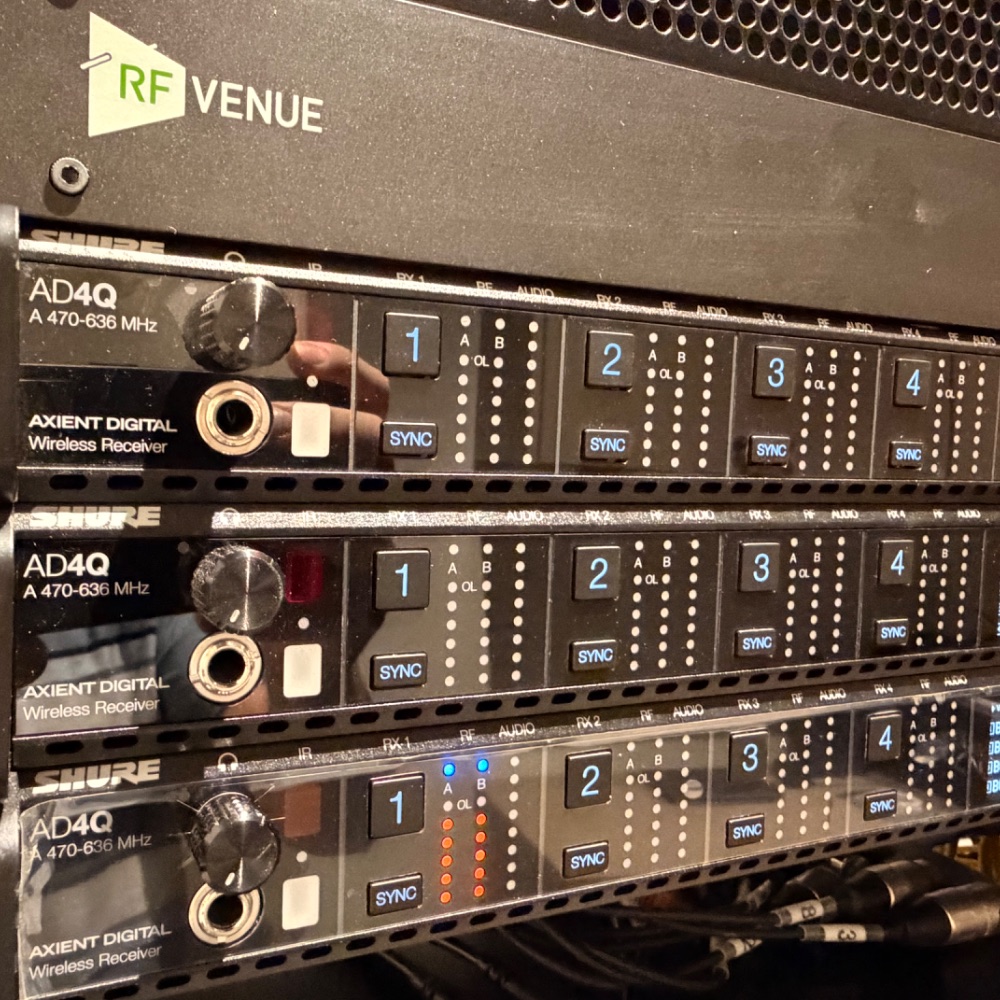 Shure Axient Digital AD4Q wireless microphone receivers and RF Venue antenna system in the equipment rack at Reach Church, Hyannis