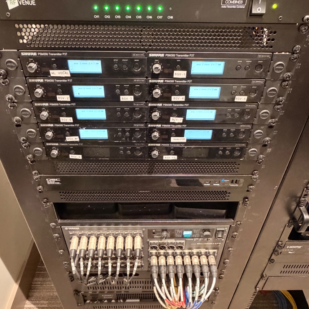 Rack of Shure PSM300 wireless in-ear monitor transmitters for the worship team at Reach Church, Hyannis