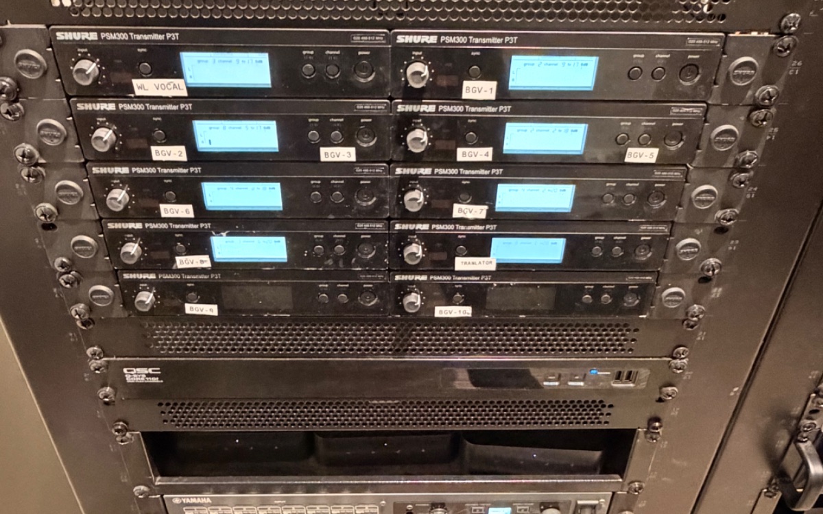 Rack of Shure PSM300 wireless in-ear monitor transmitters with RF Venue antenna combiners, installed by AES for the worship team at Reach Church, Hyannis