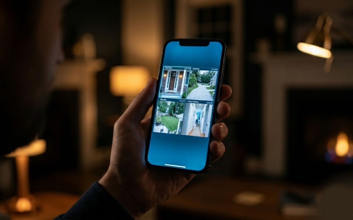 Person viewing a live multi-camera security feed on a phone app in a cozy dark room at night