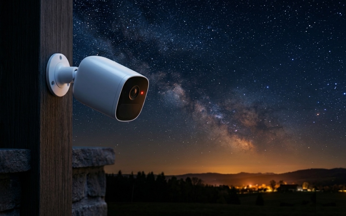 Outdoor security camera mounted on a wall watching over a property under a starry night sky, recording around the clock