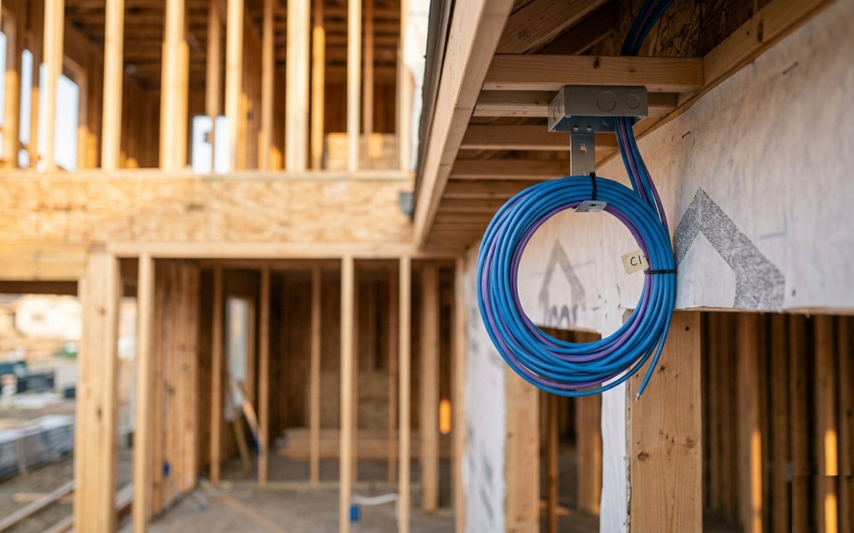 Coiled security camera cable and junction box roughed-in on the framing of a custom home before the walls are closed