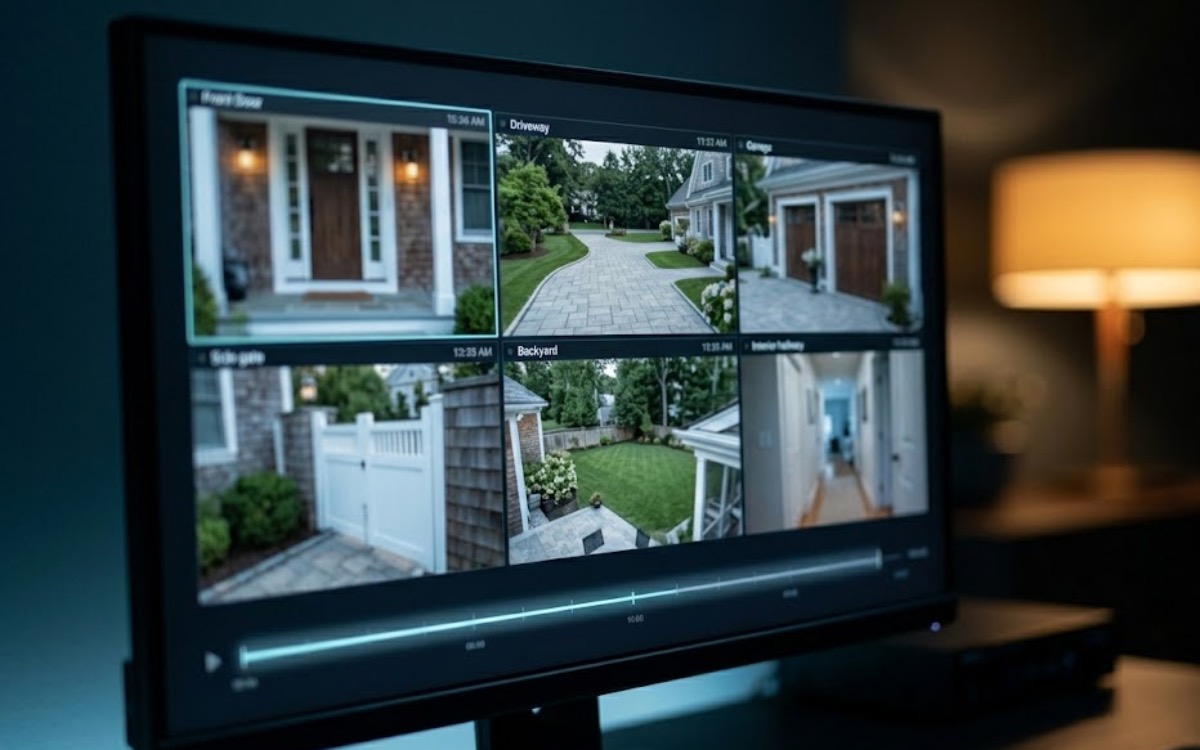 Security monitor displaying a multi-camera grid of a home with a playback timeline scrub bar along the bottom