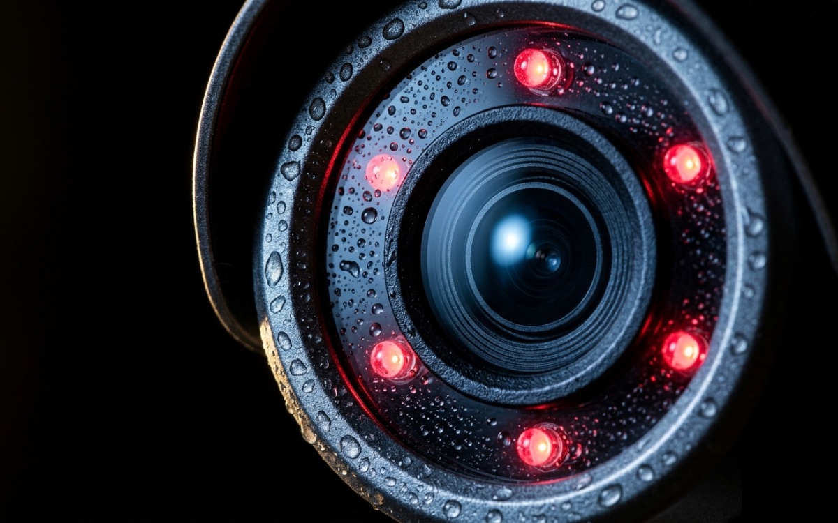 Macro close-up of a security camera lens with a ring of glowing red infrared night-vision LEDs and dew droplets