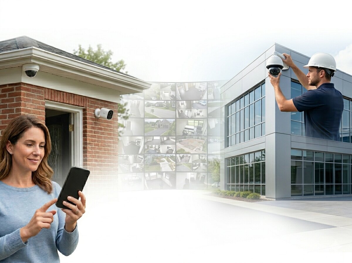 A scalable AES Integration security camera system — from a homeowner checking front-door cameras on her phone outside a residential home, to a technician installing a 4K dome camera on a commercial building, with a multi-camera video wall bridging both