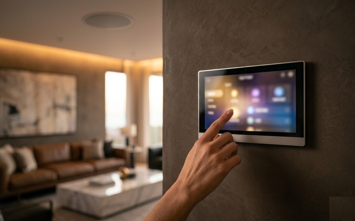Hand tapping a wall-mounted smart home control touchscreen to manage lighting and audio in an elegant living room