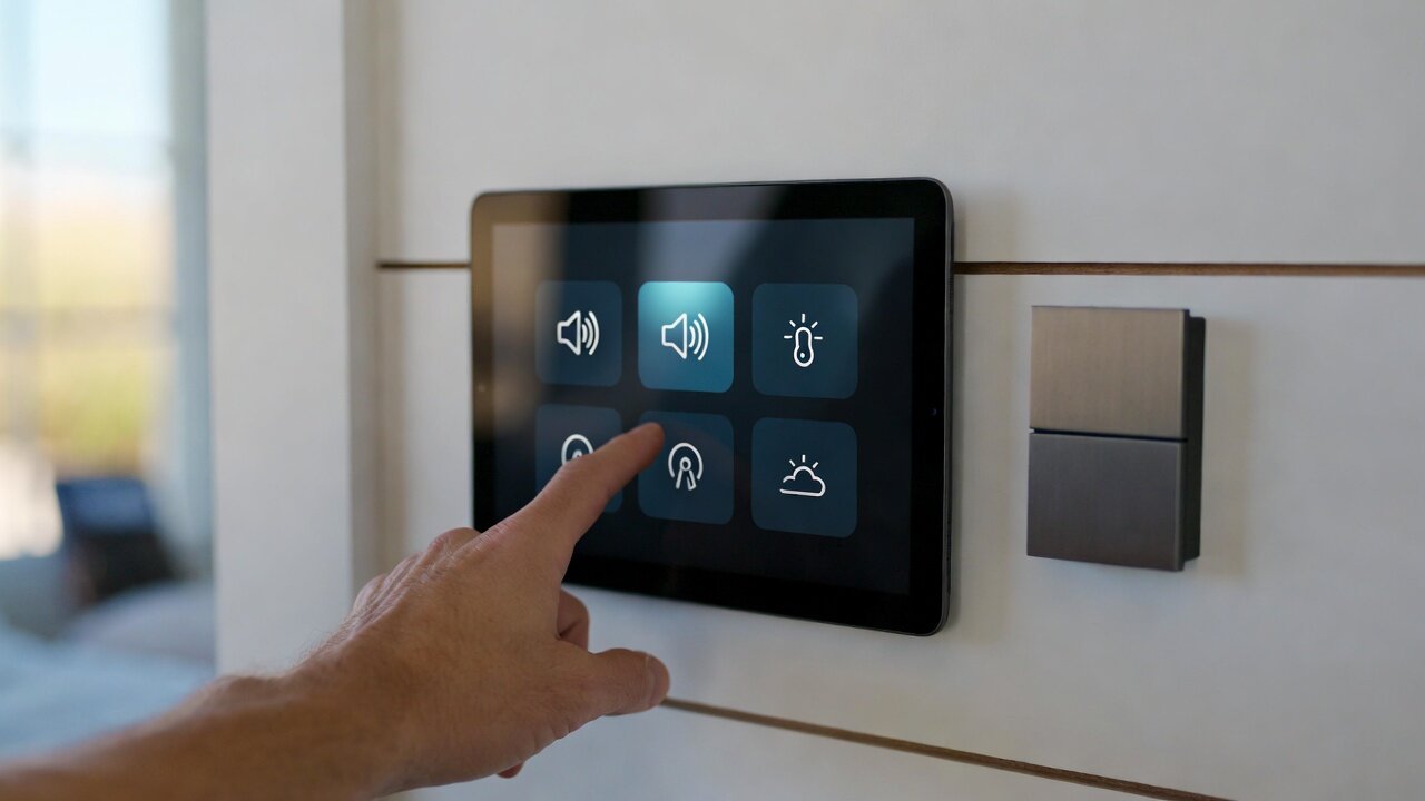 Hand touching a wall-mounted smart-home control tablet with glowing icons for audio, lighting, and climate, beside a brushed-metal designer keypad in a refined coastal home — smart control and automation by AES Integration