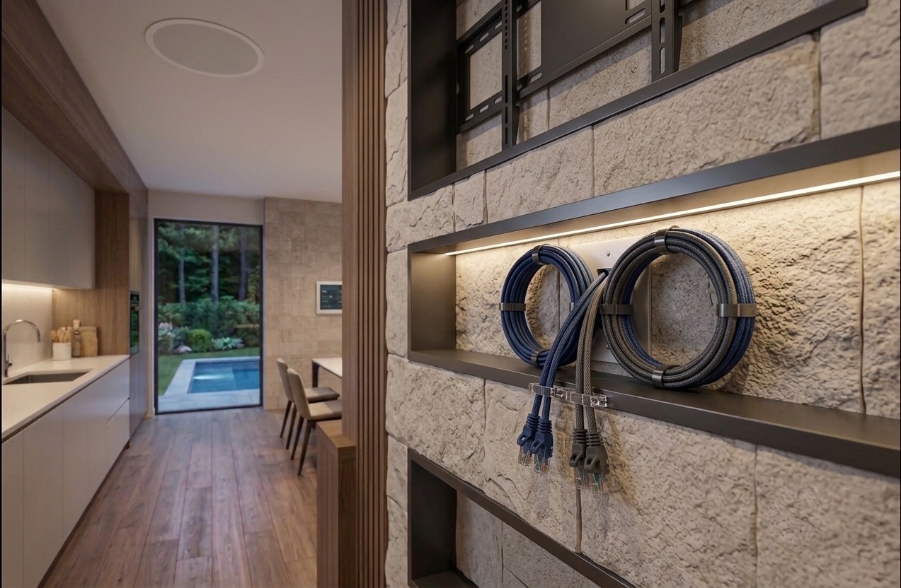 Neat structured cabling by AES Integration on Cape Cod — coiled Ethernet runs prewired into a stone TV niche, ready for a reliable wired and wireless home network