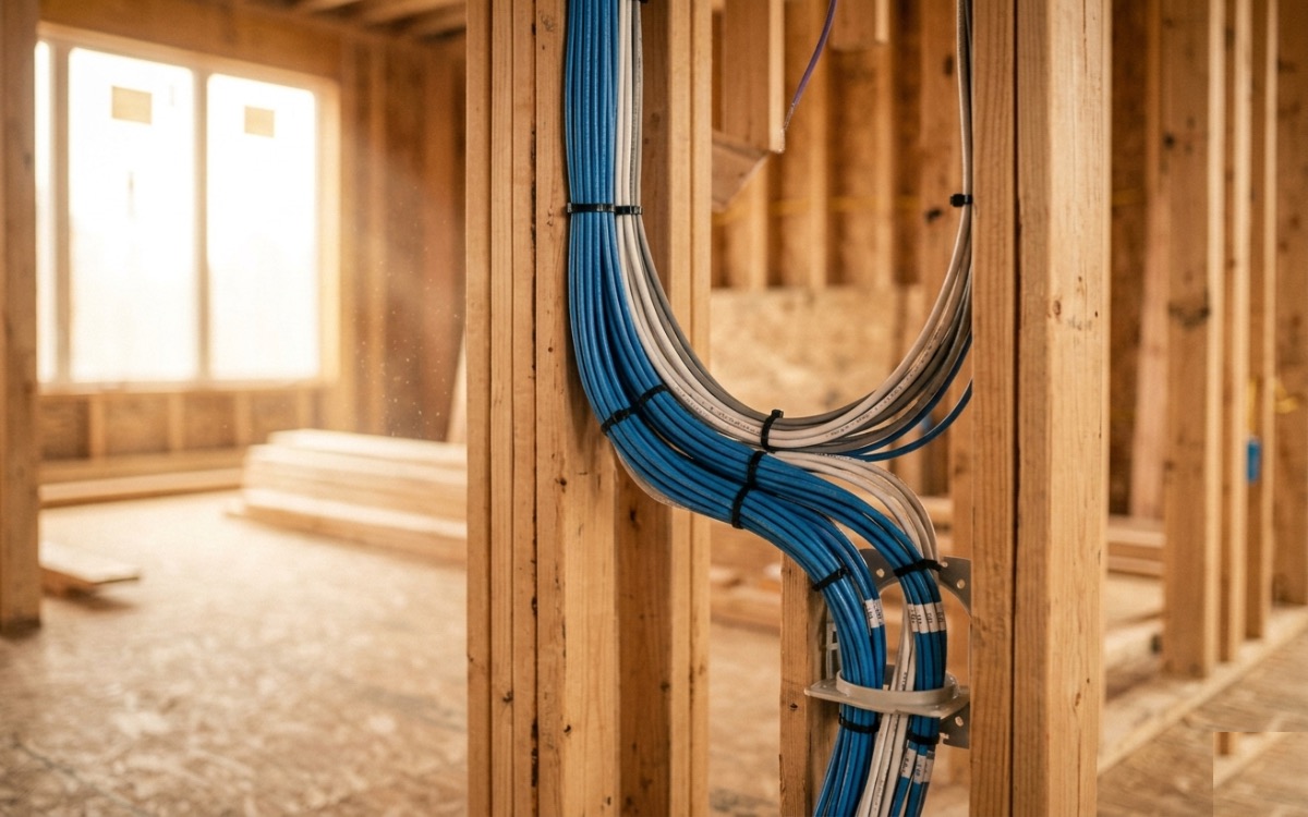 Clean, color-coded structured wiring zip-tied along wood framing studs during the prewire stage of a custom home
