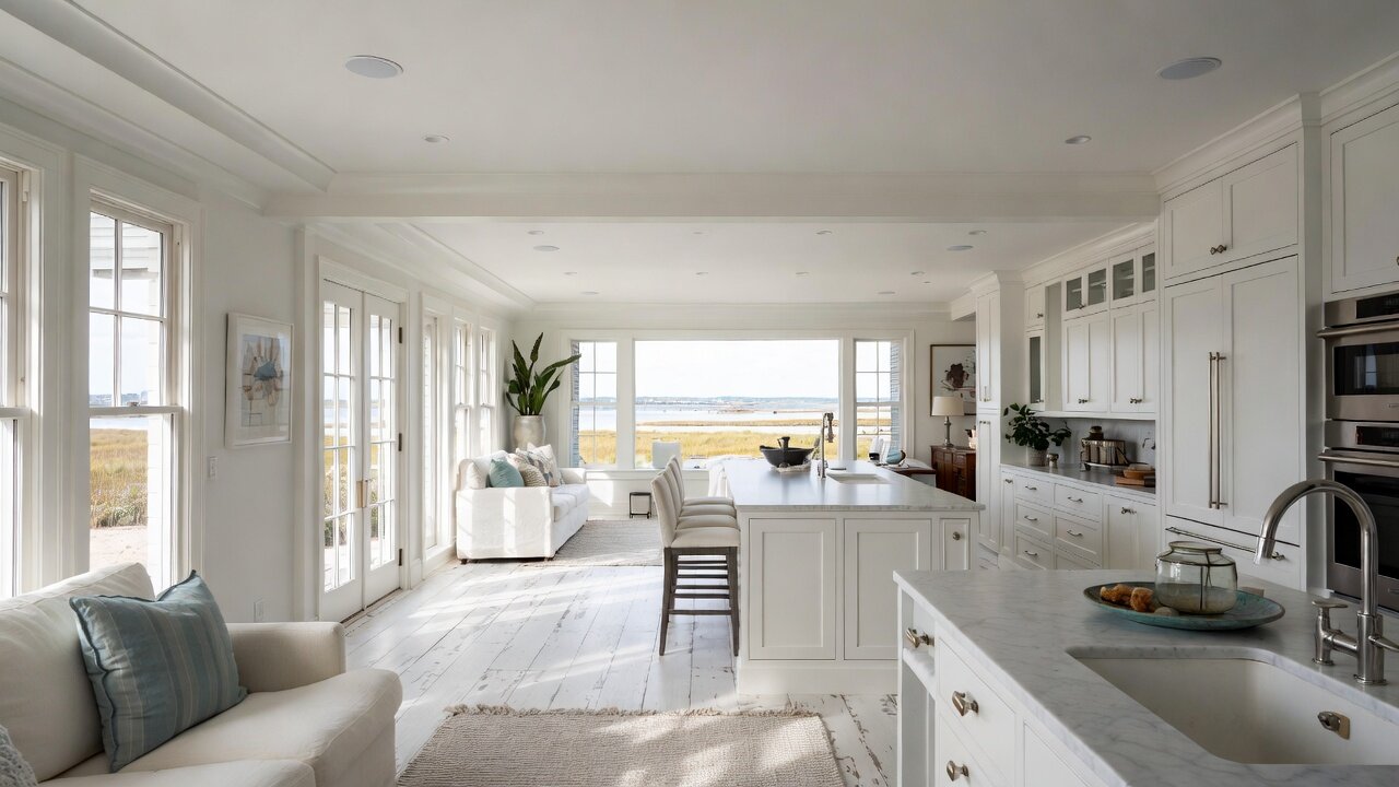 Bright open-plan coastal kitchen and living room in a Cape Cod luxury home with white cabinetry, a marble island, and discreet flush in-ceiling speakers, overlooking a golden salt marsh — a whole-home audio installation by AES Integration