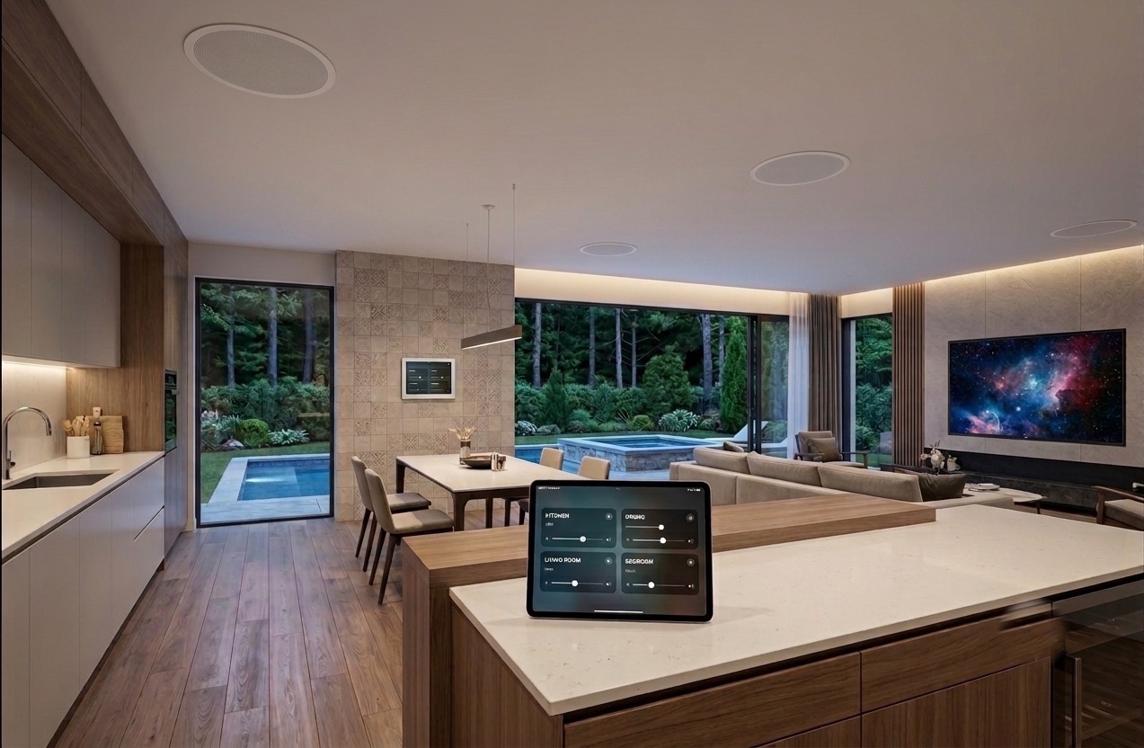 Whole-house music by AES Integration on Cape Cod — open-plan kitchen and living room with discreet in-ceiling speakers and a tablet controlling multi-room audio zones